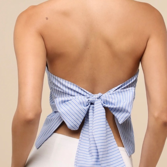 Lulus Giosetta Blue Pinstriped Button-front Halter Top - Size L - Picture 2 of 2